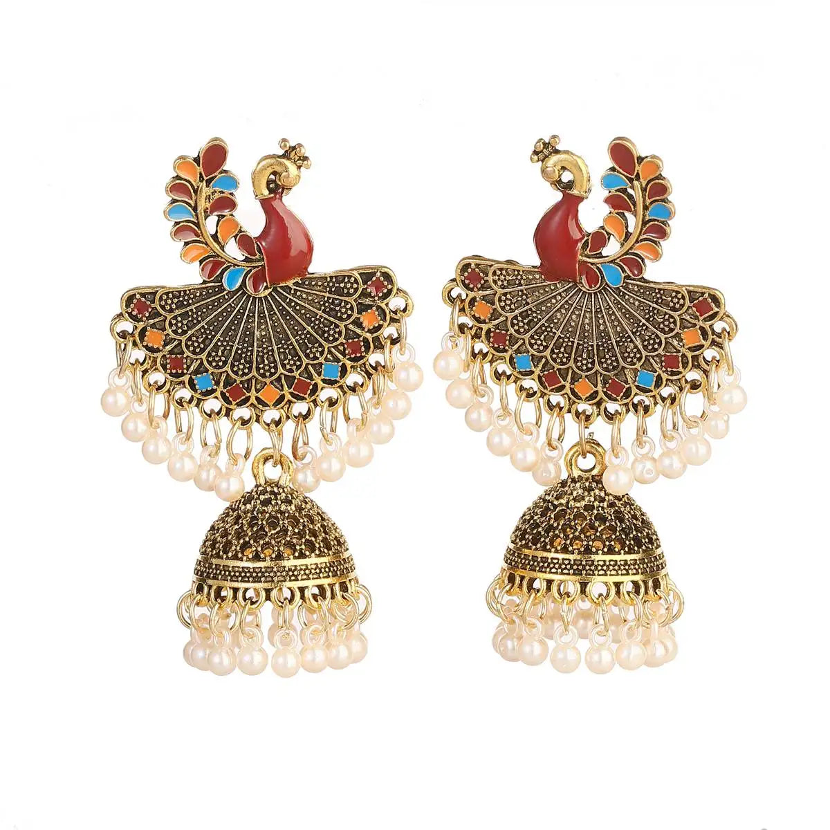 Ethnic Women'S Big round Bollywood Oxidized Indian Earrings Vintage Flower Bohemian Pearl Tassel Jhumka Earrings