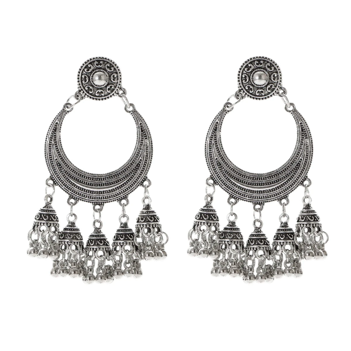 Ethnic Women'S Big round Bollywood Oxidized Indian Earrings Vintage Flower Bohemian Pearl Tassel Jhumka Earrings