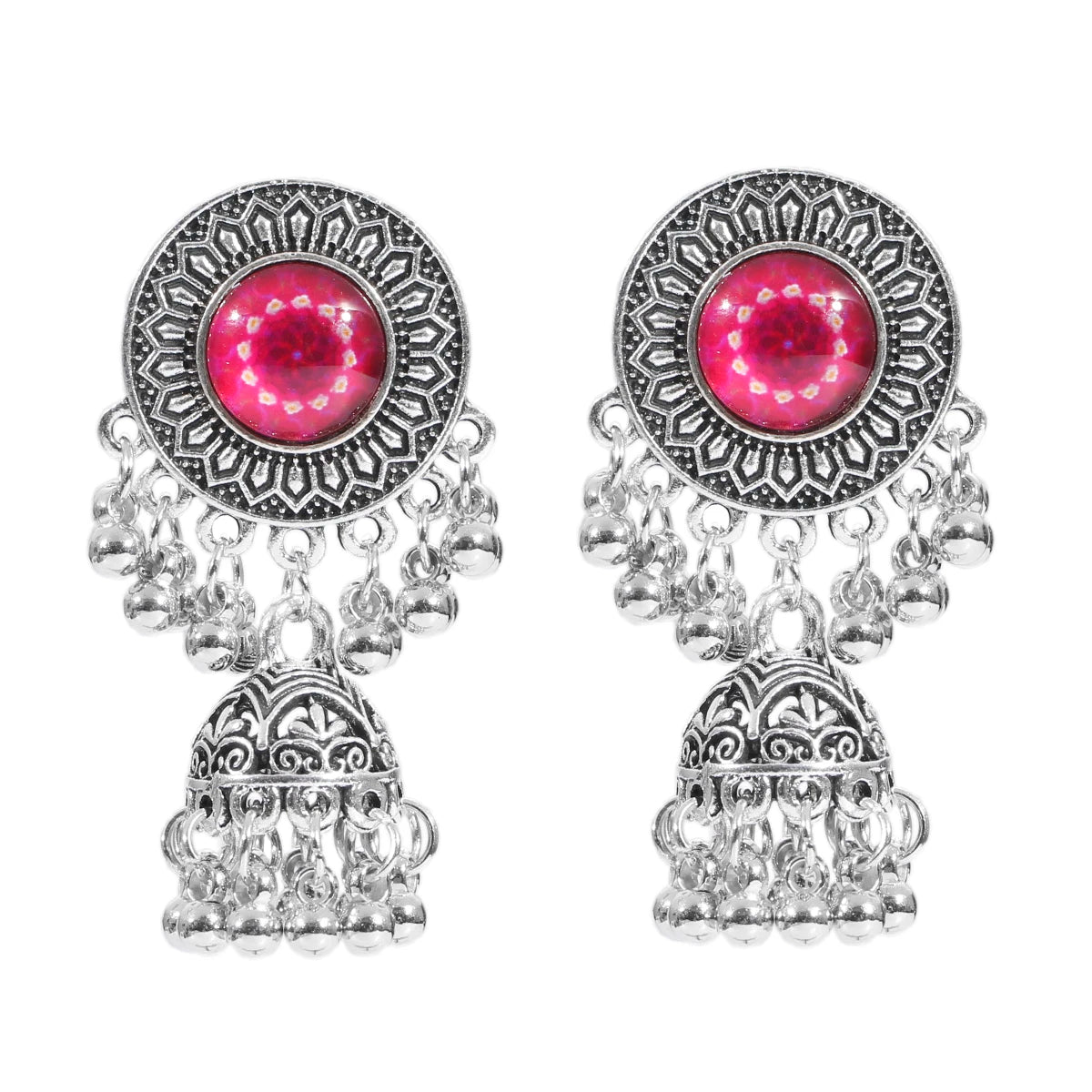 Ethnic Women'S Big round Bollywood Oxidized Indian Earrings Vintage Flower Bohemian Pearl Tassel Jhumka Earrings