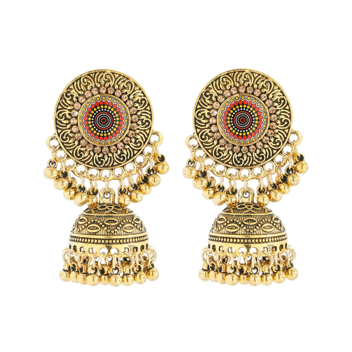 Ethnic Women'S Big round Bollywood Oxidized Indian Earrings Vintage Flower Bohemian Pearl Tassel Jhumka Earrings