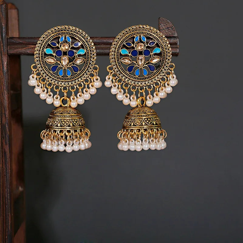 Ethnic Women'S Big round Bollywood Oxidized Indian Earrings Vintage Flower Bohemian Pearl Tassel Jhumka Earrings