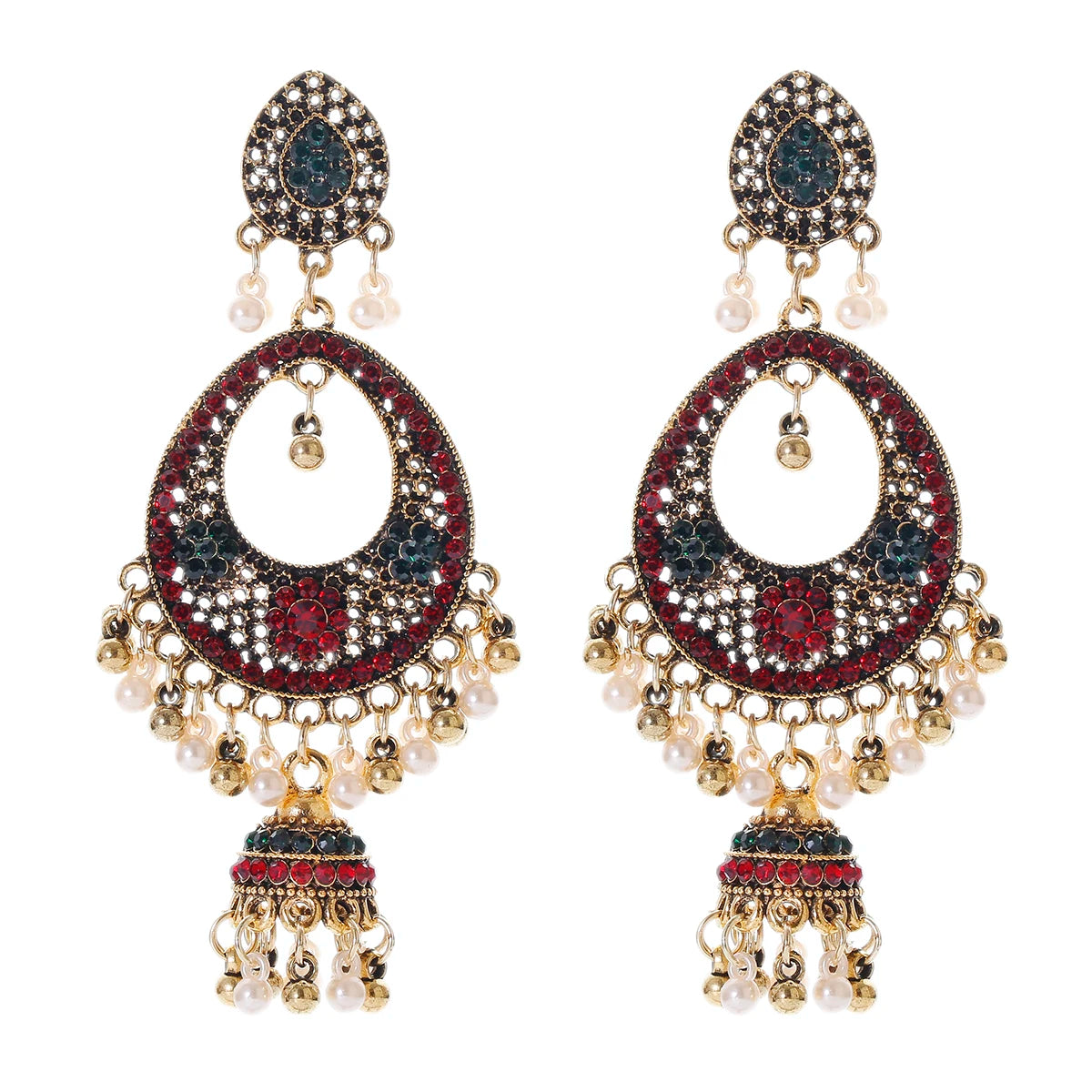 Ethnic Women'S Big round Bollywood Oxidized Indian Earrings Vintage Flower Bohemian Pearl Tassel Jhumka Earrings