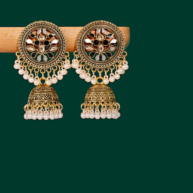 Ethnic Women'S Big round Bollywood Oxidized Indian Earrings Vintage Flower Bohemian Pearl Tassel Jhumka Earrings