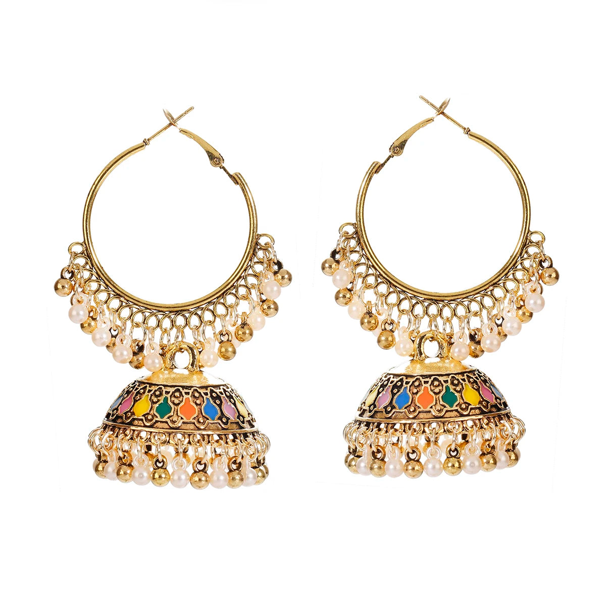 Ethnic Women'S Big round Bollywood Oxidized Indian Earrings Vintage Flower Bohemian Pearl Tassel Jhumka Earrings