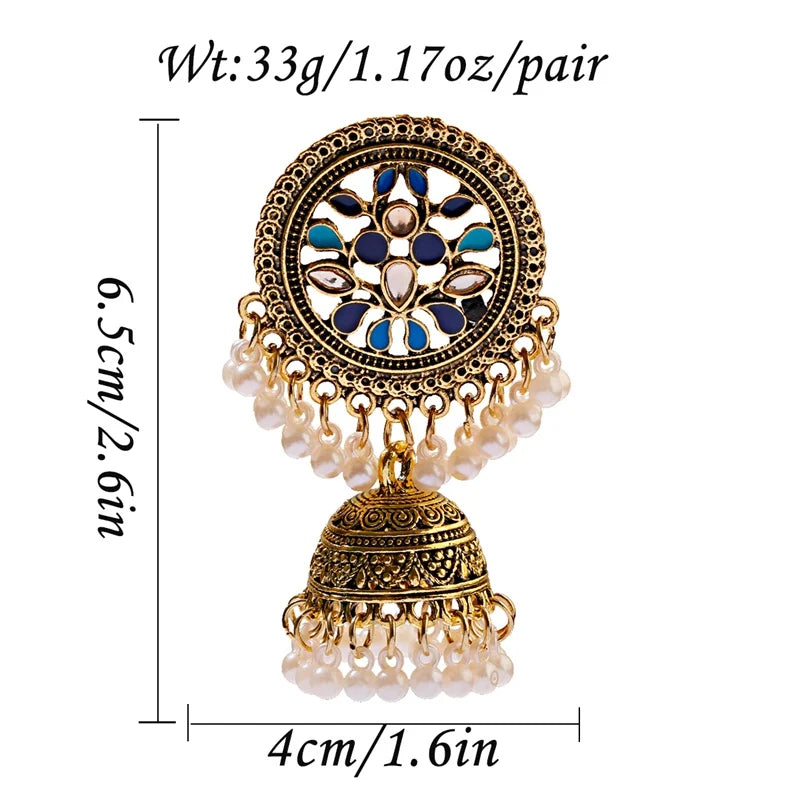 Ethnic Women'S Big round Bollywood Oxidized Indian Earrings Vintage Flower Bohemian Pearl Tassel Jhumka Earrings