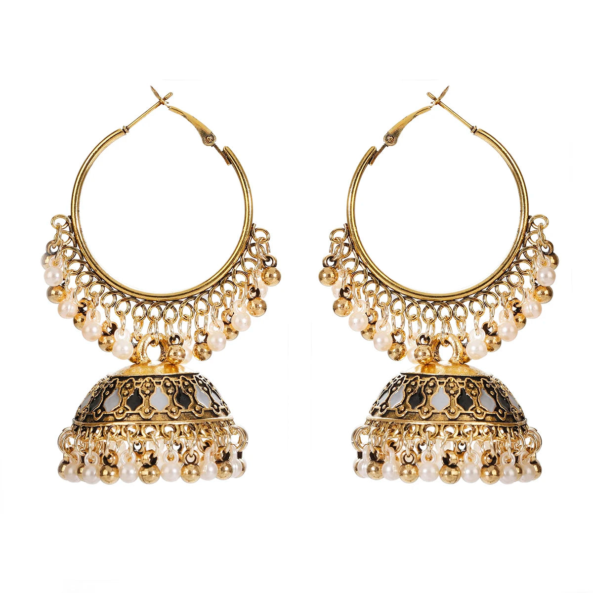 Ethnic Women'S Big round Bollywood Oxidized Indian Earrings Vintage Flower Bohemian Pearl Tassel Jhumka Earrings
