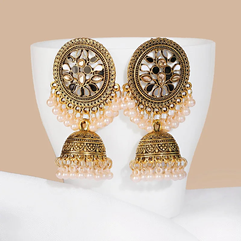 Ethnic Women'S Big round Bollywood Oxidized Indian Earrings Vintage Flower Bohemian Pearl Tassel Jhumka Earrings