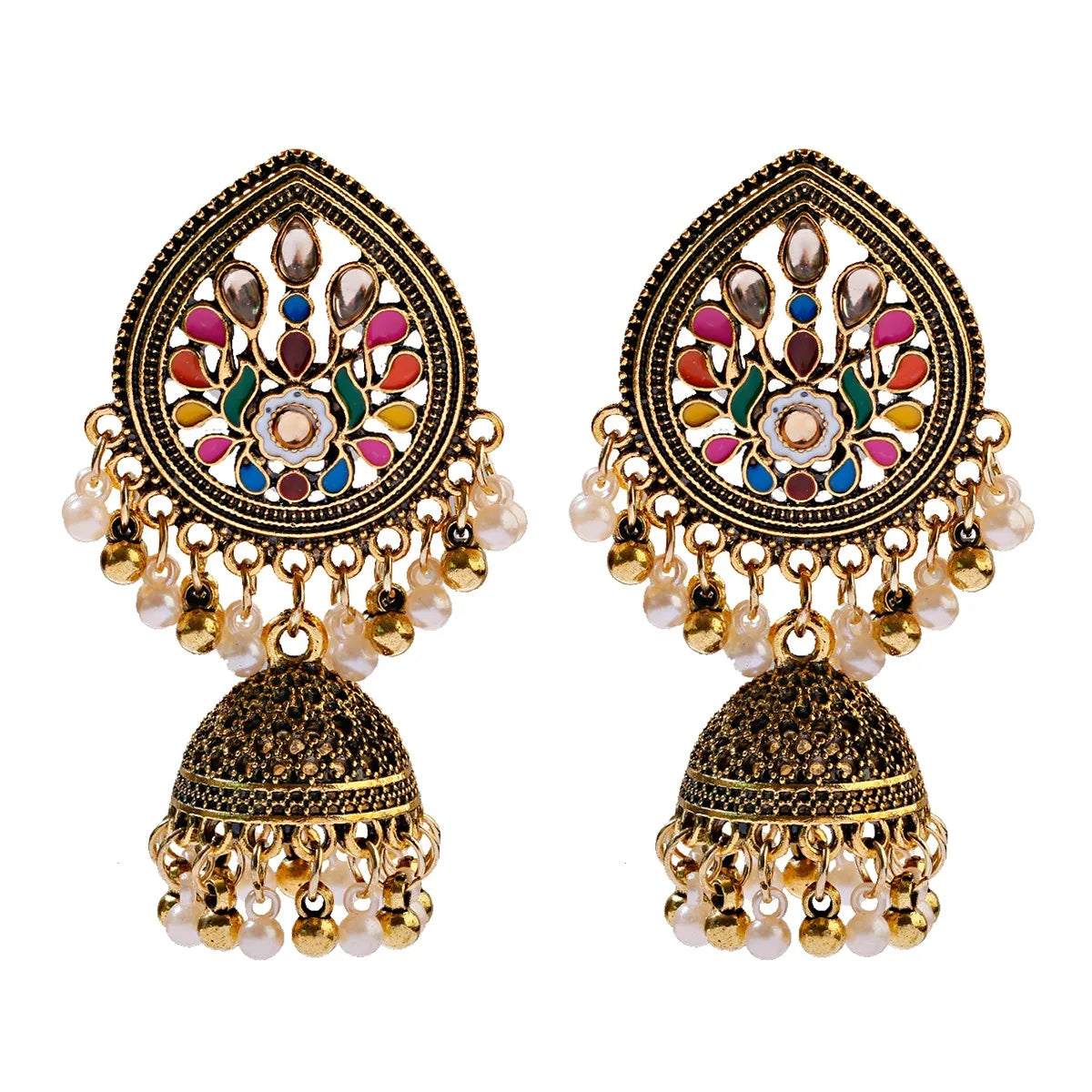 Ethnic Women'S Big round Bollywood Oxidized Indian Earrings Vintage Flower Bohemian Pearl Tassel Jhumka Earrings