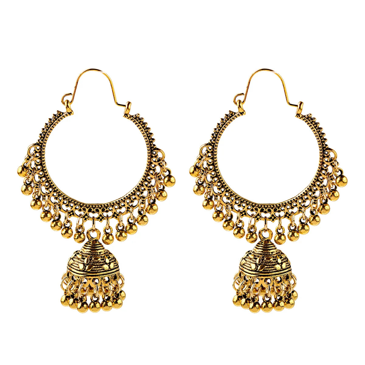 Ethnic Women'S Big round Bollywood Oxidized Indian Earrings Vintage Flower Bohemian Pearl Tassel Jhumka Earrings