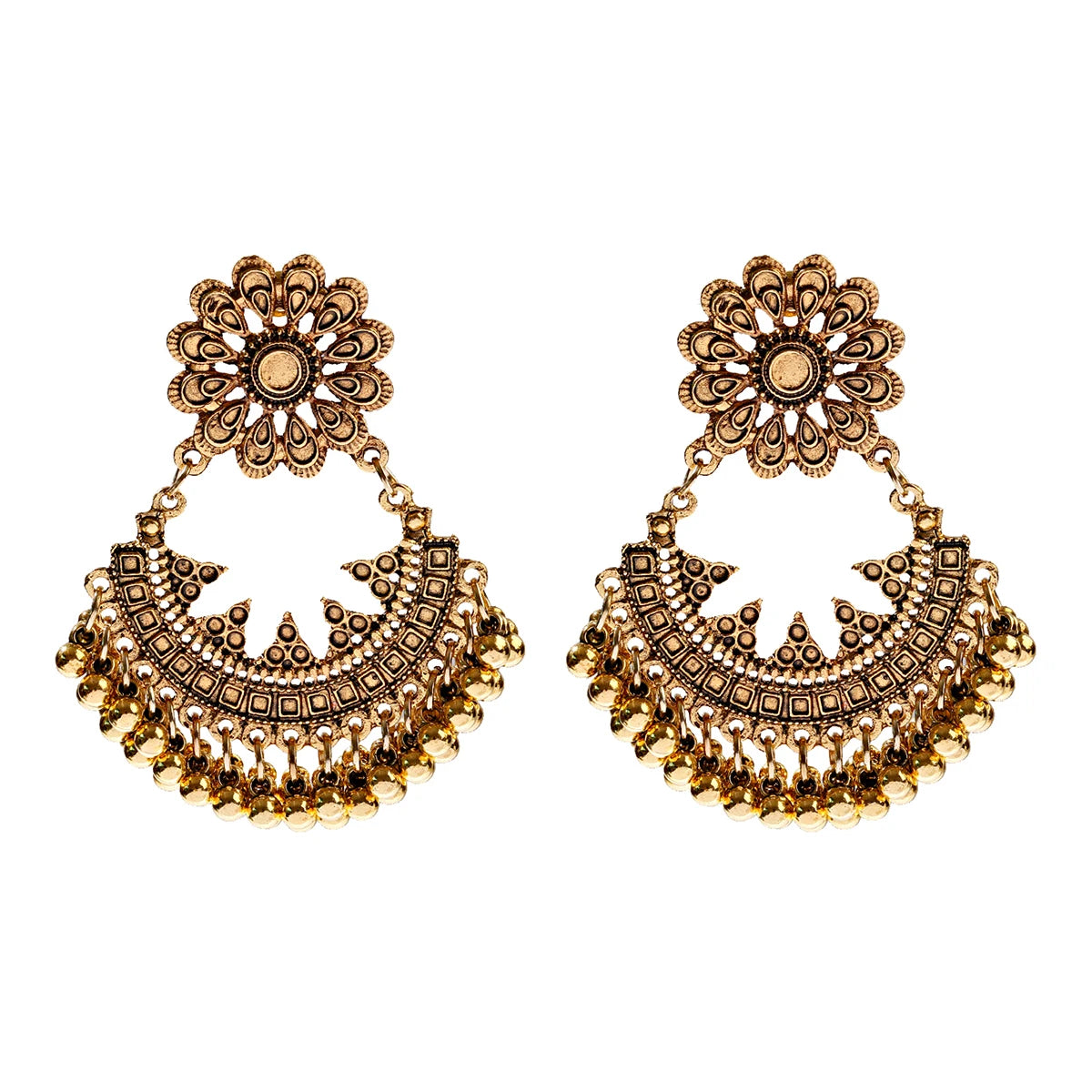 Ethnic Women'S Big round Bollywood Oxidized Indian Earrings Vintage Flower Bohemian Pearl Tassel Jhumka Earrings