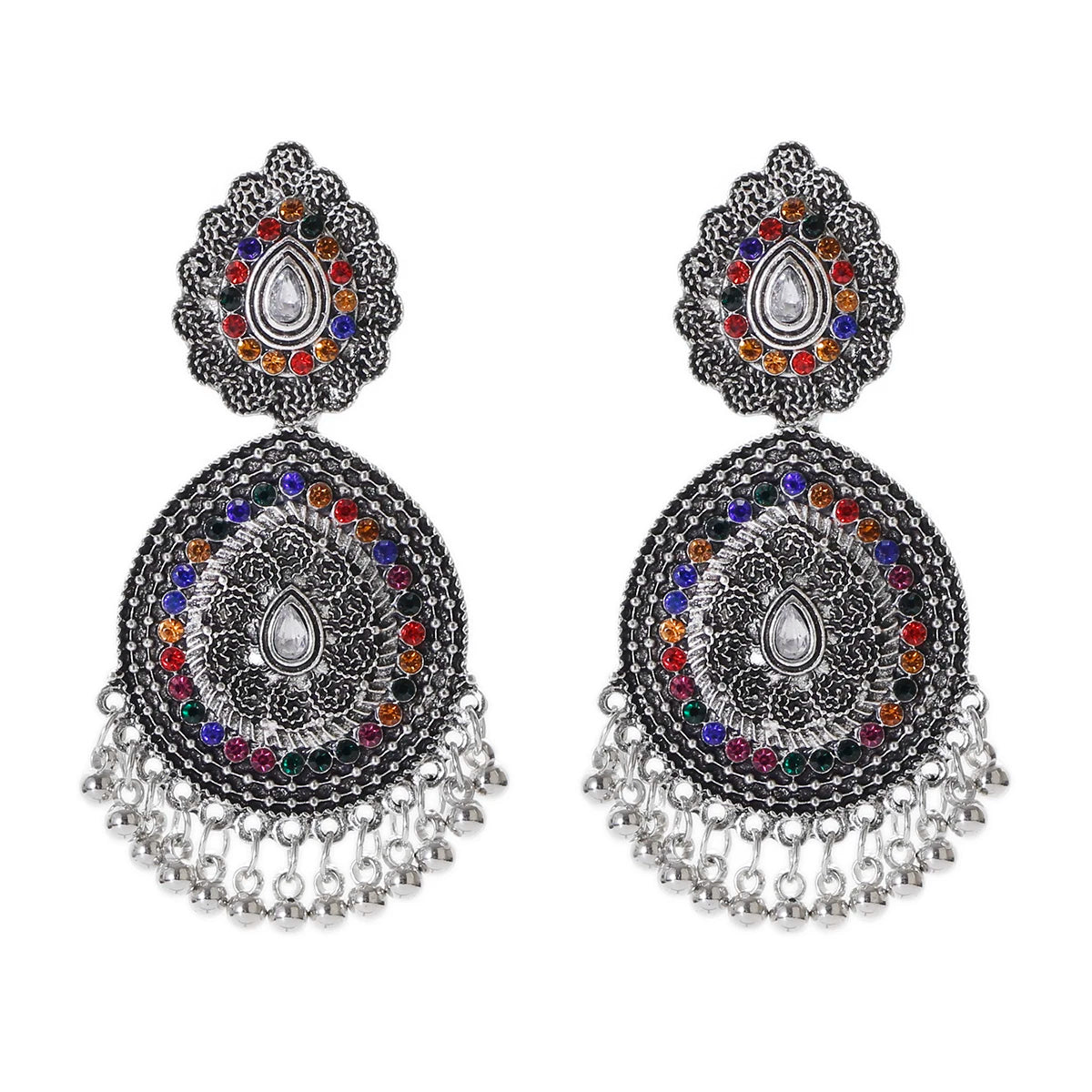 Ethnic Women'S Big round Bollywood Oxidized Indian Earrings Vintage Flower Bohemian Pearl Tassel Jhumka Earrings