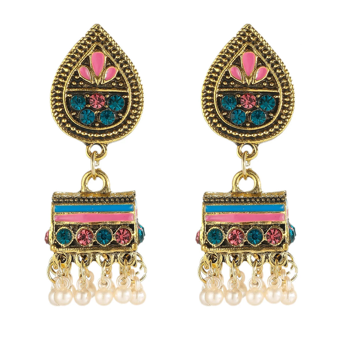 Ethnic Women'S Big round Bollywood Oxidized Indian Earrings Vintage Flower Bohemian Pearl Tassel Jhumka Earrings
