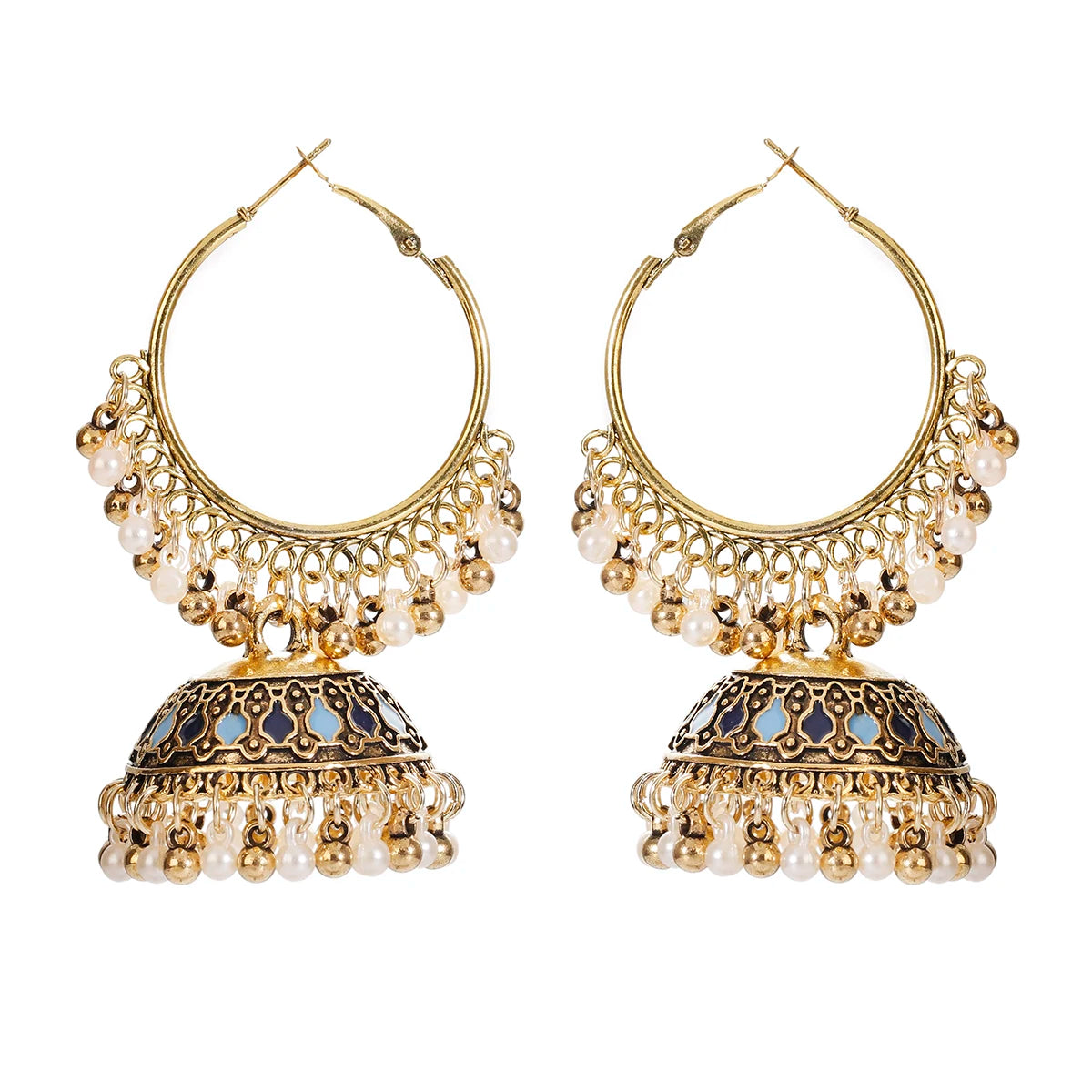 Ethnic Women'S Big round Bollywood Oxidized Indian Earrings Vintage Flower Bohemian Pearl Tassel Jhumka Earrings