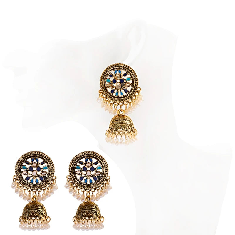 Ethnic Women'S Big round Bollywood Oxidized Indian Earrings Vintage Flower Bohemian Pearl Tassel Jhumka Earrings