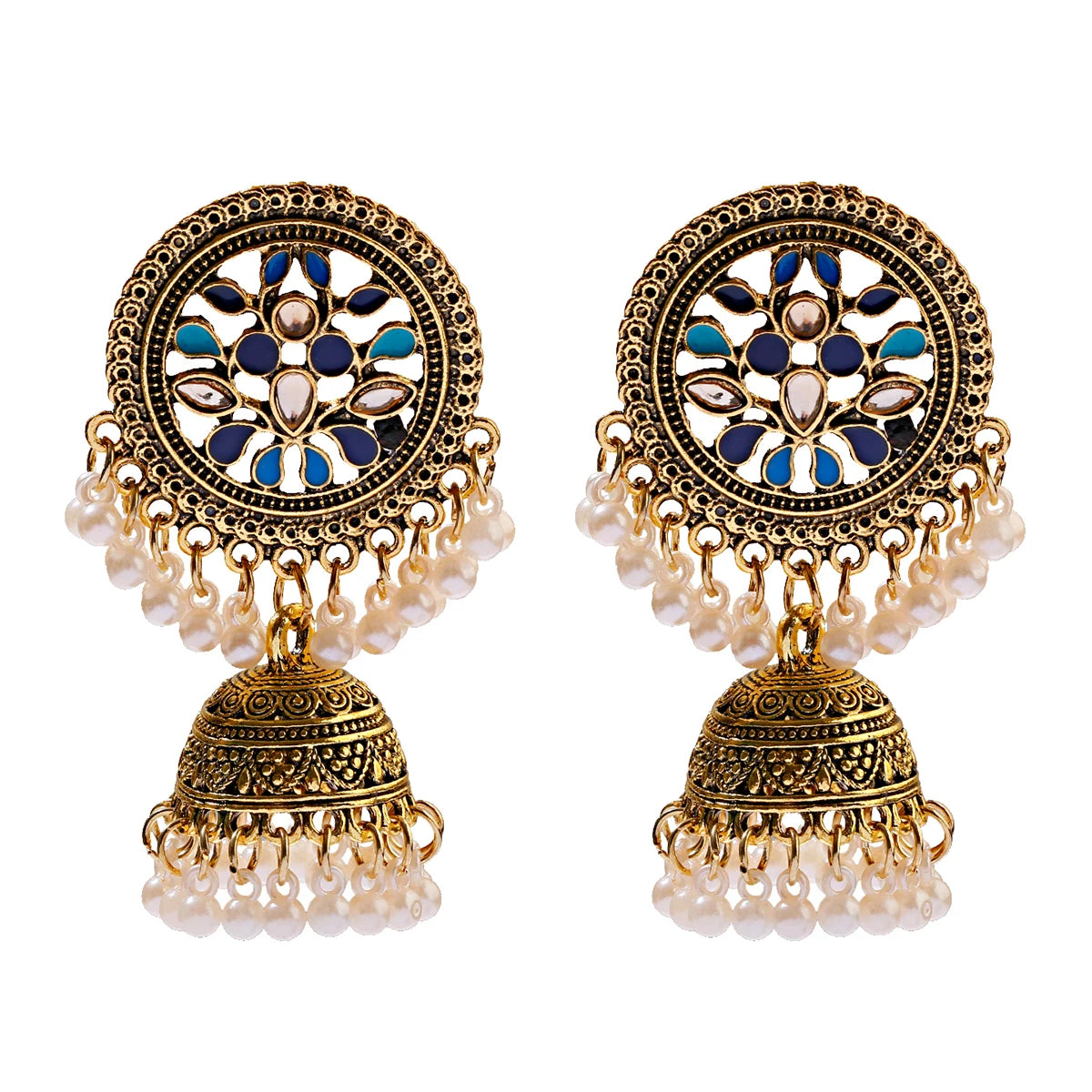 Ethnic Women'S Big round Bollywood Oxidized Indian Earrings Vintage Flower Bohemian Pearl Tassel Jhumka Earrings