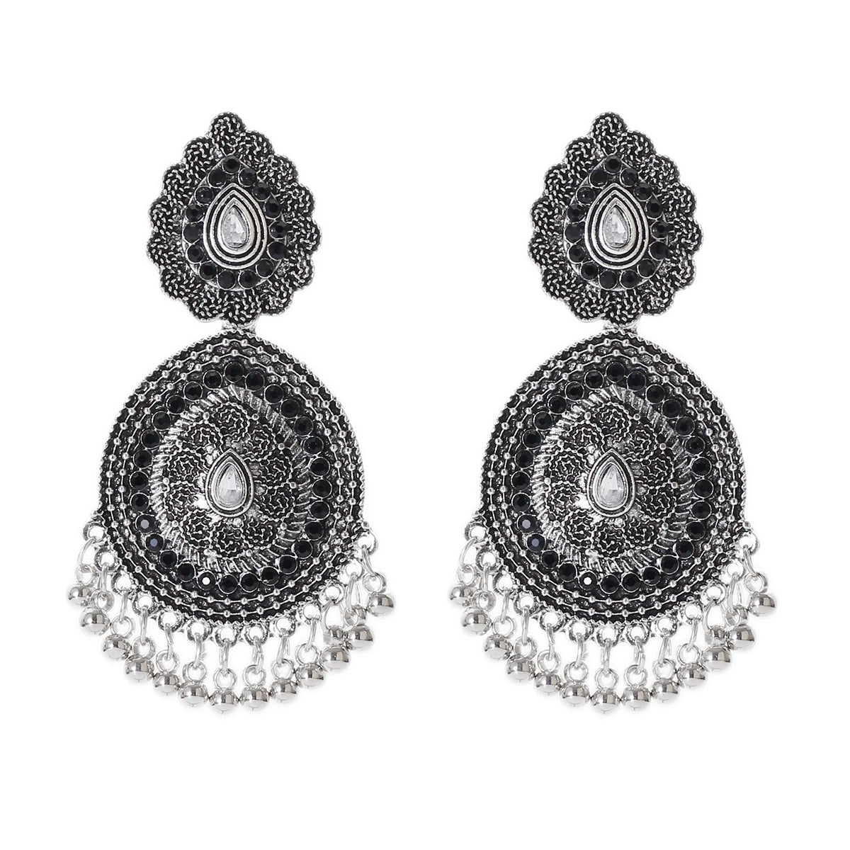 Ethnic Women'S Big round Bollywood Oxidized Indian Earrings Vintage Flower Bohemian Pearl Tassel Jhumka Earrings