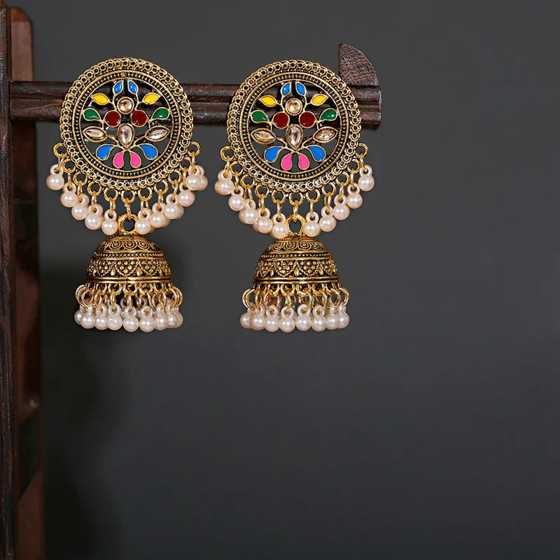 Ethnic Women'S Big round Bollywood Oxidized Indian Earrings Vintage Flower Bohemian Pearl Tassel Jhumka Earrings