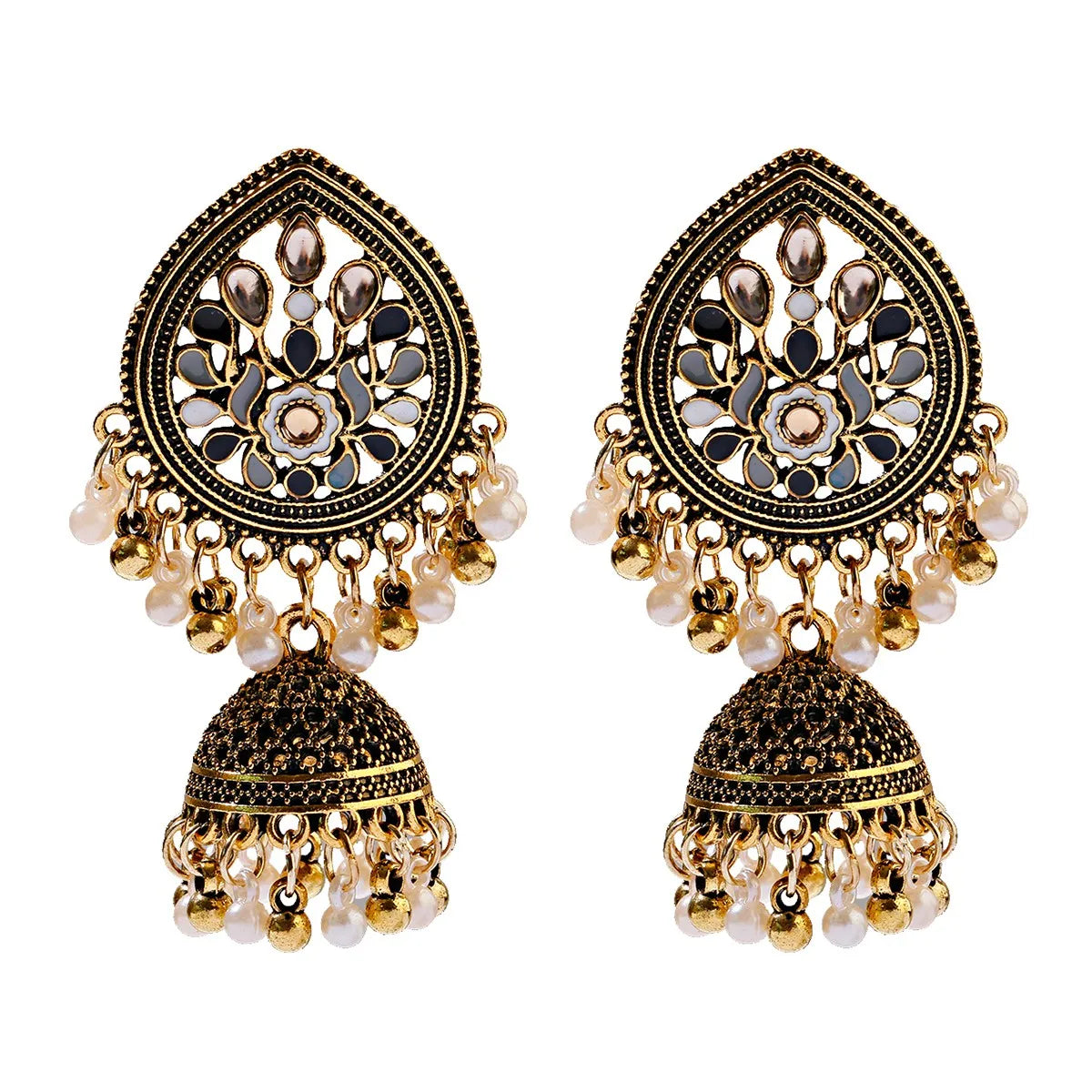 Ethnic Women'S Big round Bollywood Oxidized Indian Earrings Vintage Flower Bohemian Pearl Tassel Jhumka Earrings