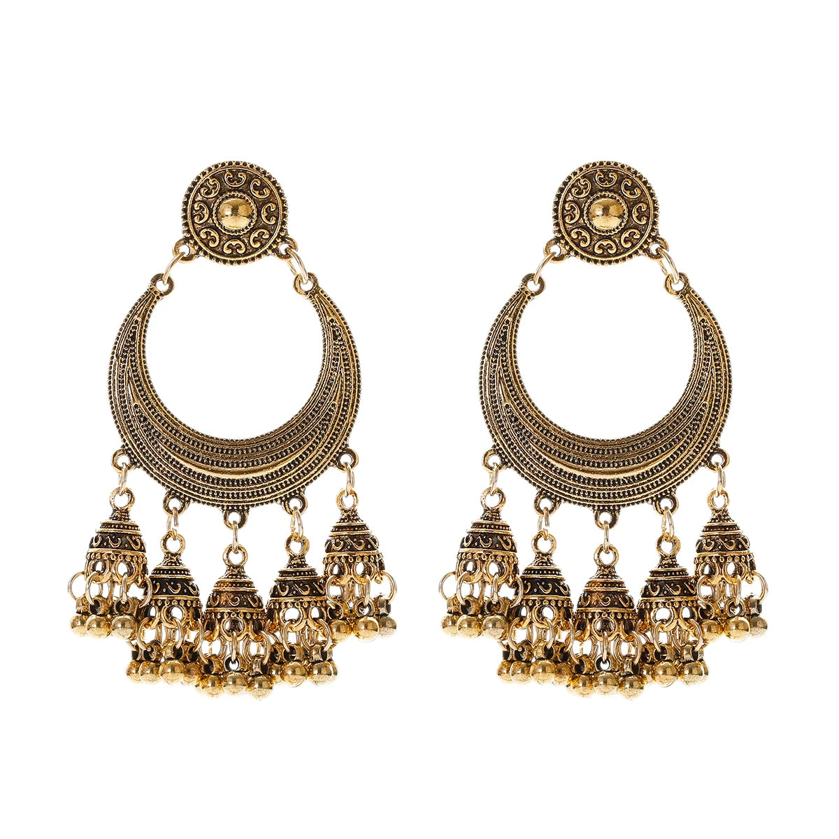 Ethnic Women'S Big round Bollywood Oxidized Indian Earrings Vintage Flower Bohemian Pearl Tassel Jhumka Earrings