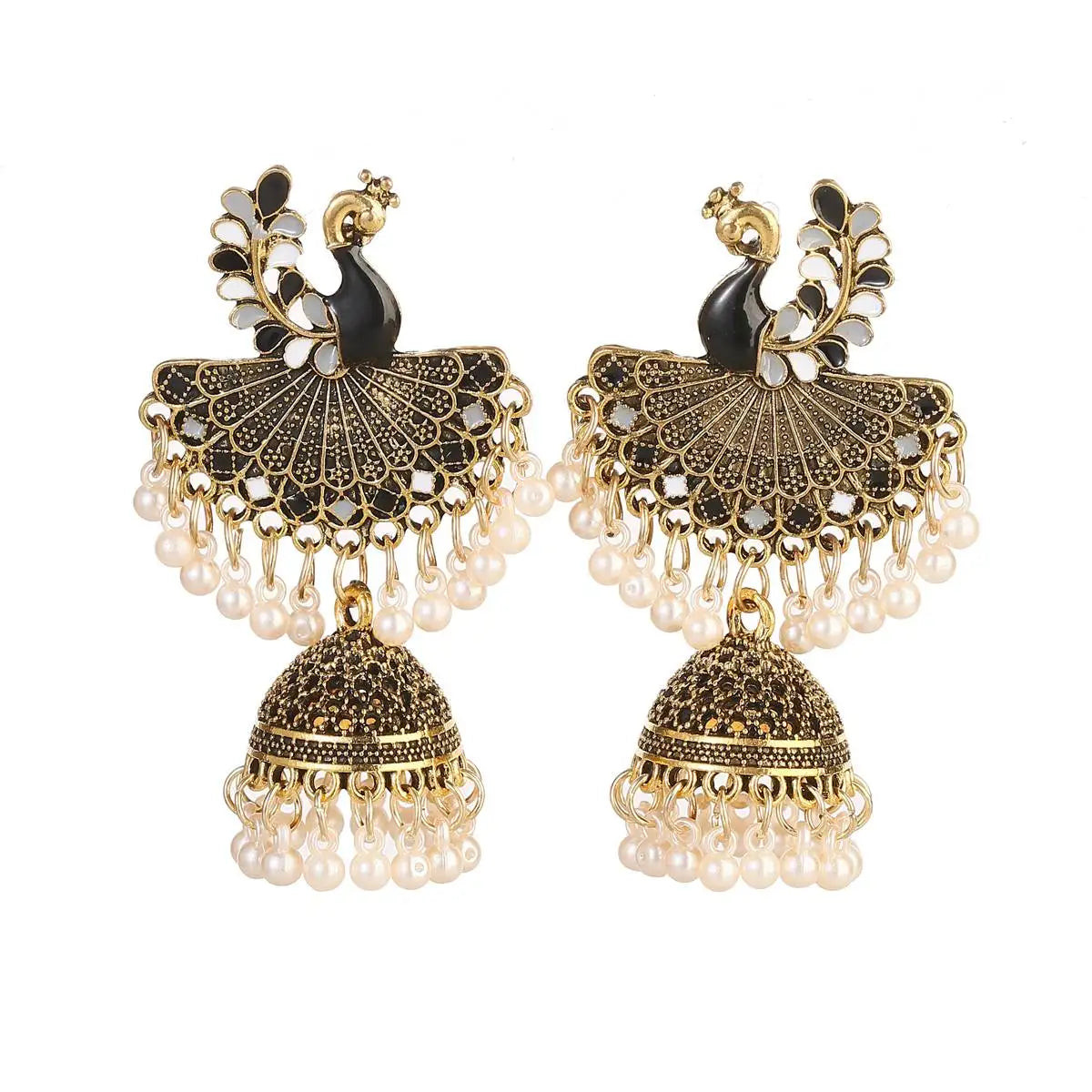 Ethnic Women'S Big round Bollywood Oxidized Indian Earrings Vintage Flower Bohemian Pearl Tassel Jhumka Earrings
