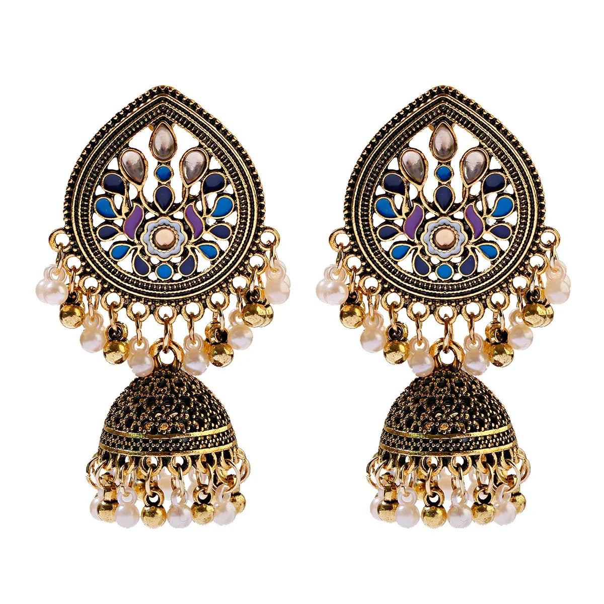 Ethnic Women'S Big round Bollywood Oxidized Indian Earrings Vintage Flower Bohemian Pearl Tassel Jhumka Earrings