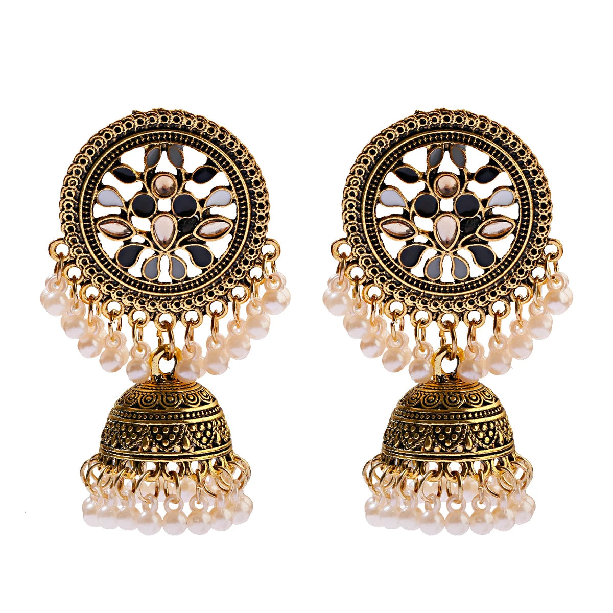 Ethnic Women'S Big round Bollywood Oxidized Indian Earrings Vintage Flower Bohemian Pearl Tassel Jhumka Earrings