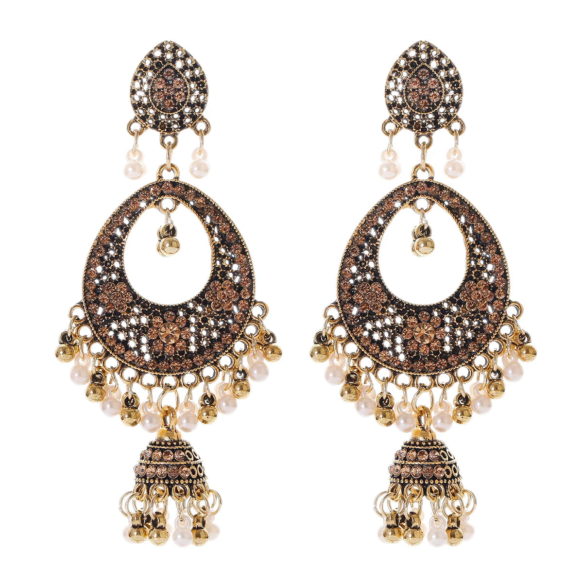 Ethnic Women'S Big round Bollywood Oxidized Indian Earrings Vintage Flower Bohemian Pearl Tassel Jhumka Earrings