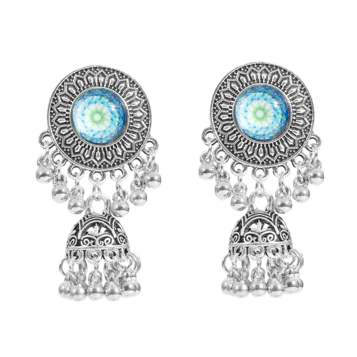 Ethnic Women'S Big round Bollywood Oxidized Indian Earrings Vintage Flower Bohemian Pearl Tassel Jhumka Earrings