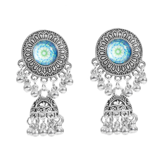 Ethnic Women'S Big round Bollywood Oxidized Indian Earrings Vintage Flower Bohemian Pearl Tassel Jhumka Earrings