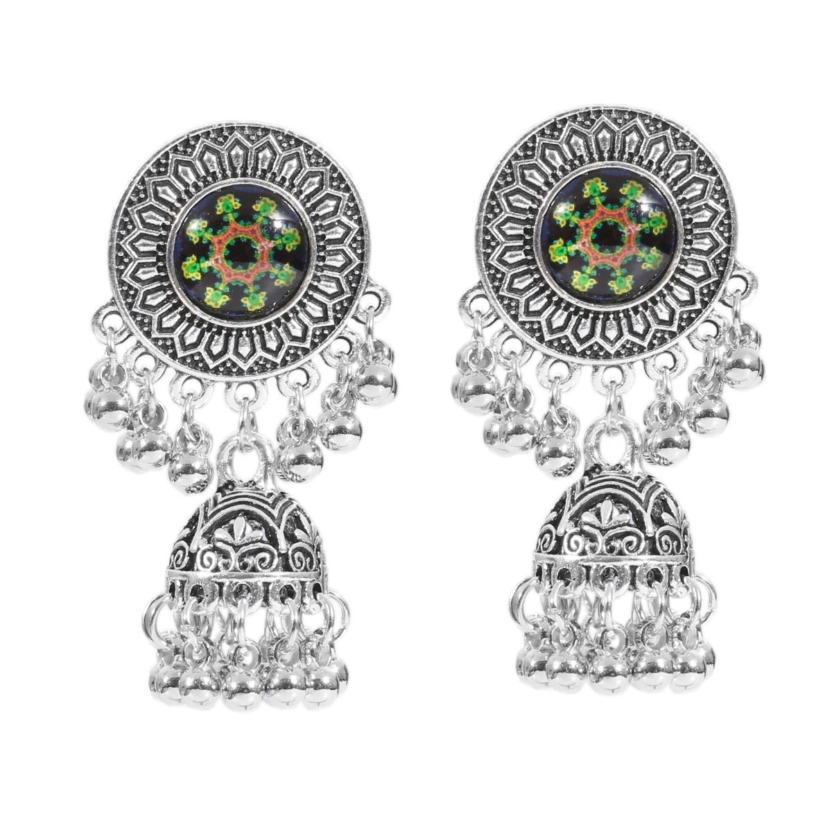 Ethnic Women'S Big round Bollywood Oxidized Indian Earrings Vintage Flower Bohemian Pearl Tassel Jhumka Earrings