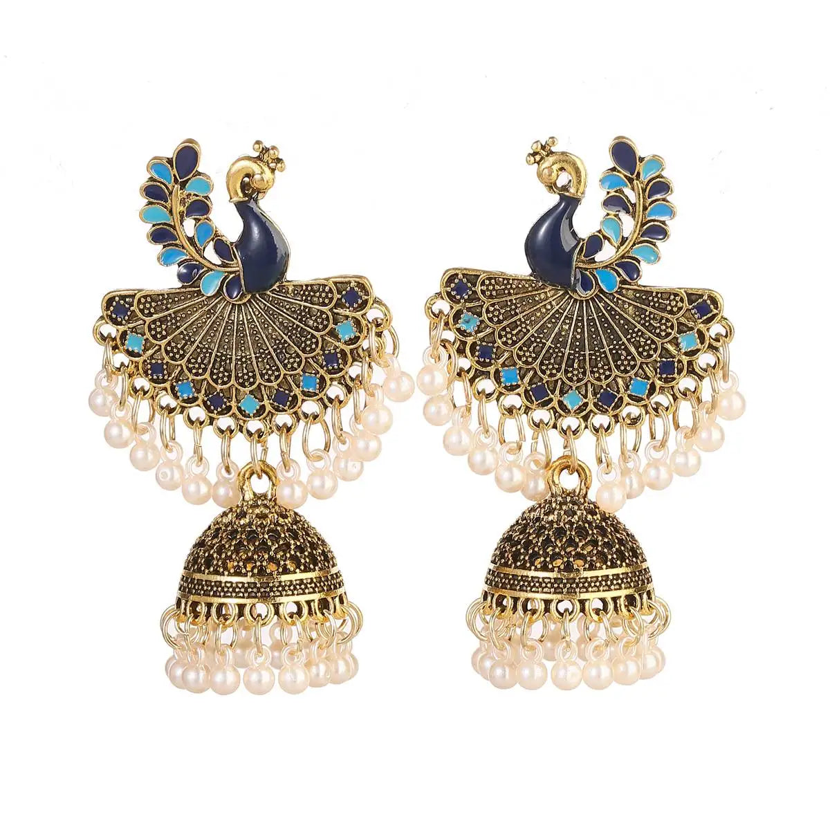 Ethnic Women'S Big round Bollywood Oxidized Indian Earrings Vintage Flower Bohemian Pearl Tassel Jhumka Earrings