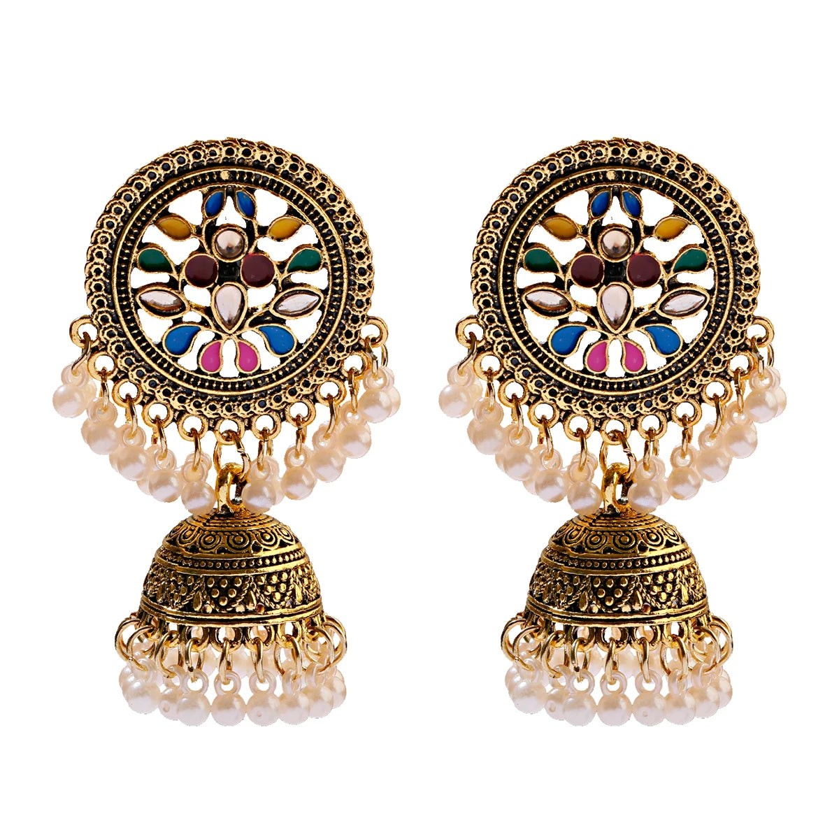 Ethnic Women'S Big round Bollywood Oxidized Indian Earrings Vintage Flower Bohemian Pearl Tassel Jhumka Earrings